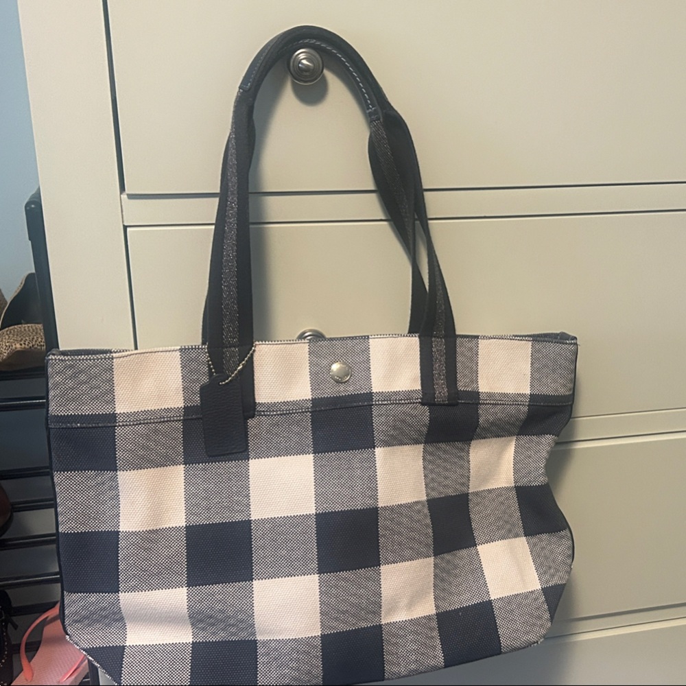 Coach Navy and White Checkered Tote